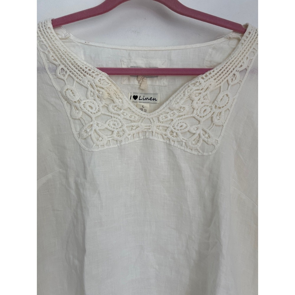 Linen dress, L, cream with crochet collar, feminine‎ coquettegirl romantic